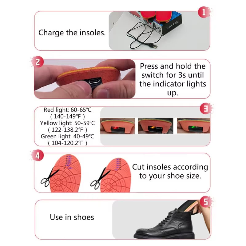USB Rechargeable Heated Shoe Insoles Adjustable Temperature Thermal Insoles Wireless Foot Warmer for Women and Men